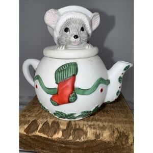 Rare Vintage 3.5 inch tall mouse in a Christmas teapot jewelry box Trinket